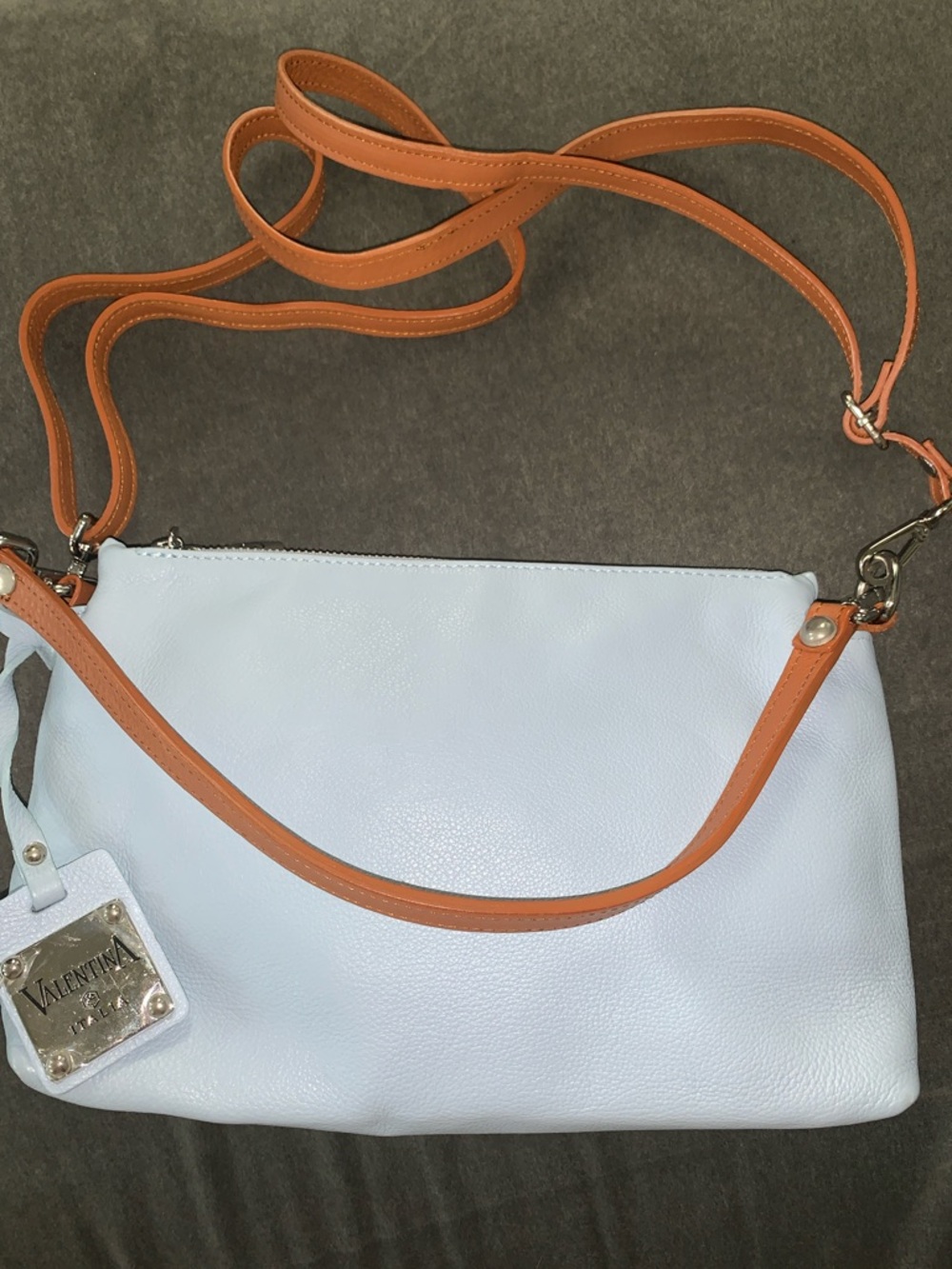 Valentina Light Blue Leather Crossbody with Tan Straps